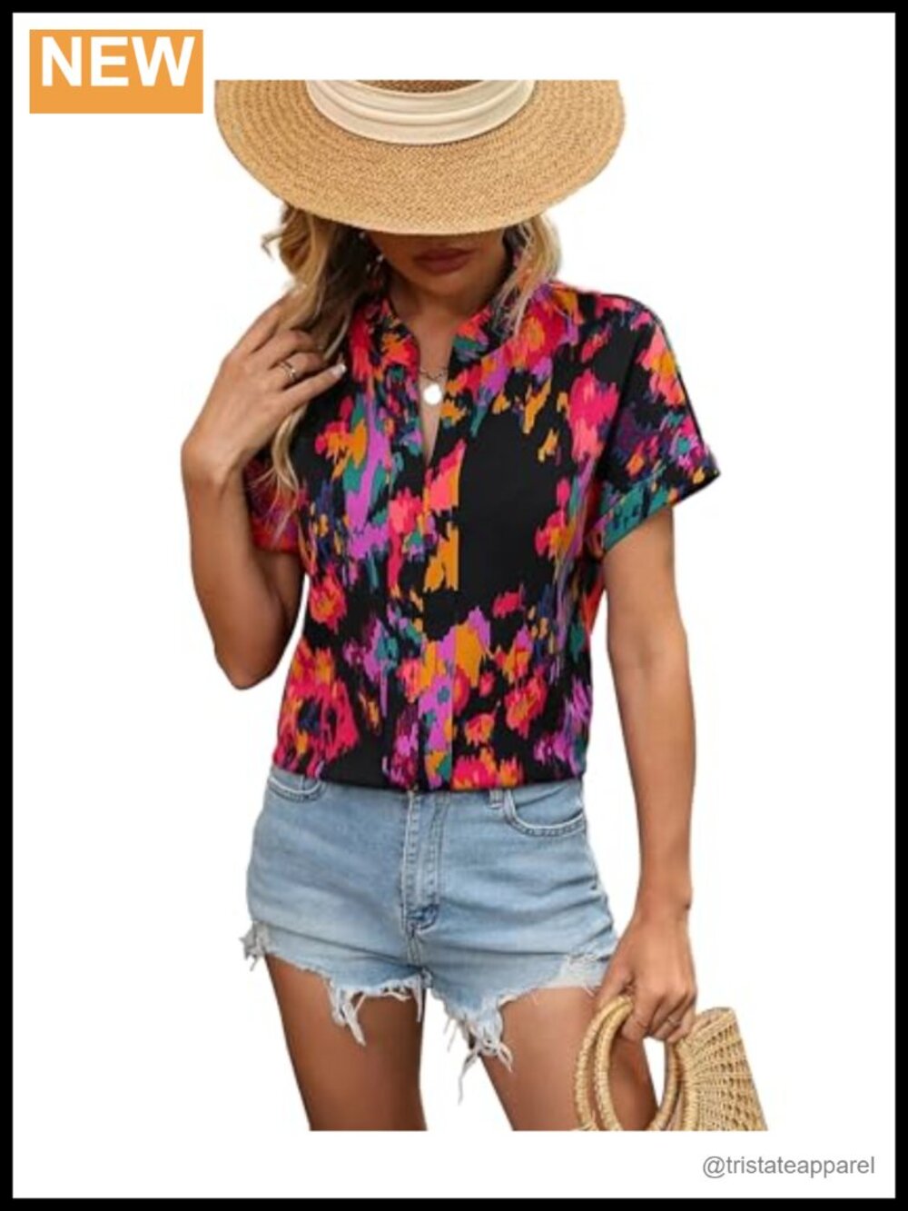Womens Patchwork Button Down Shirt V Neck Short Sleeve Floral Blouse